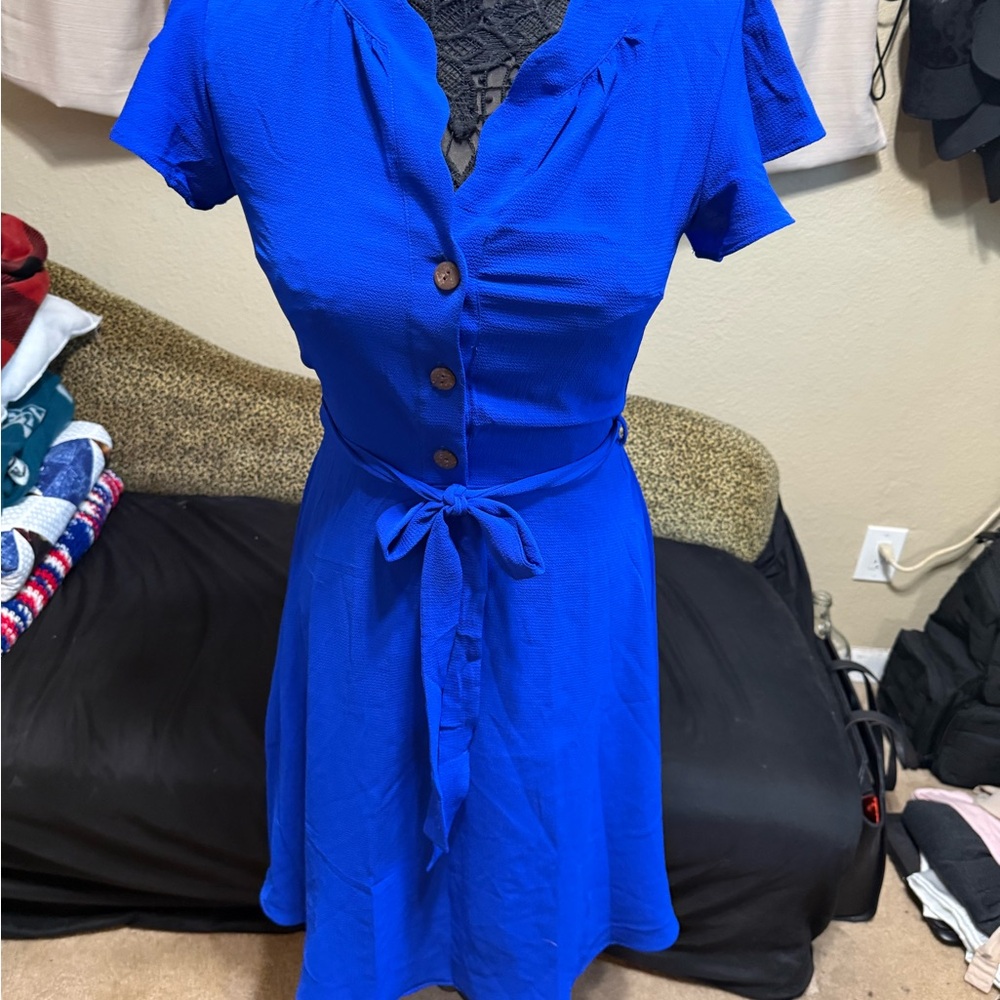 Monteau Royal Blue Midi Dress with Button Detail